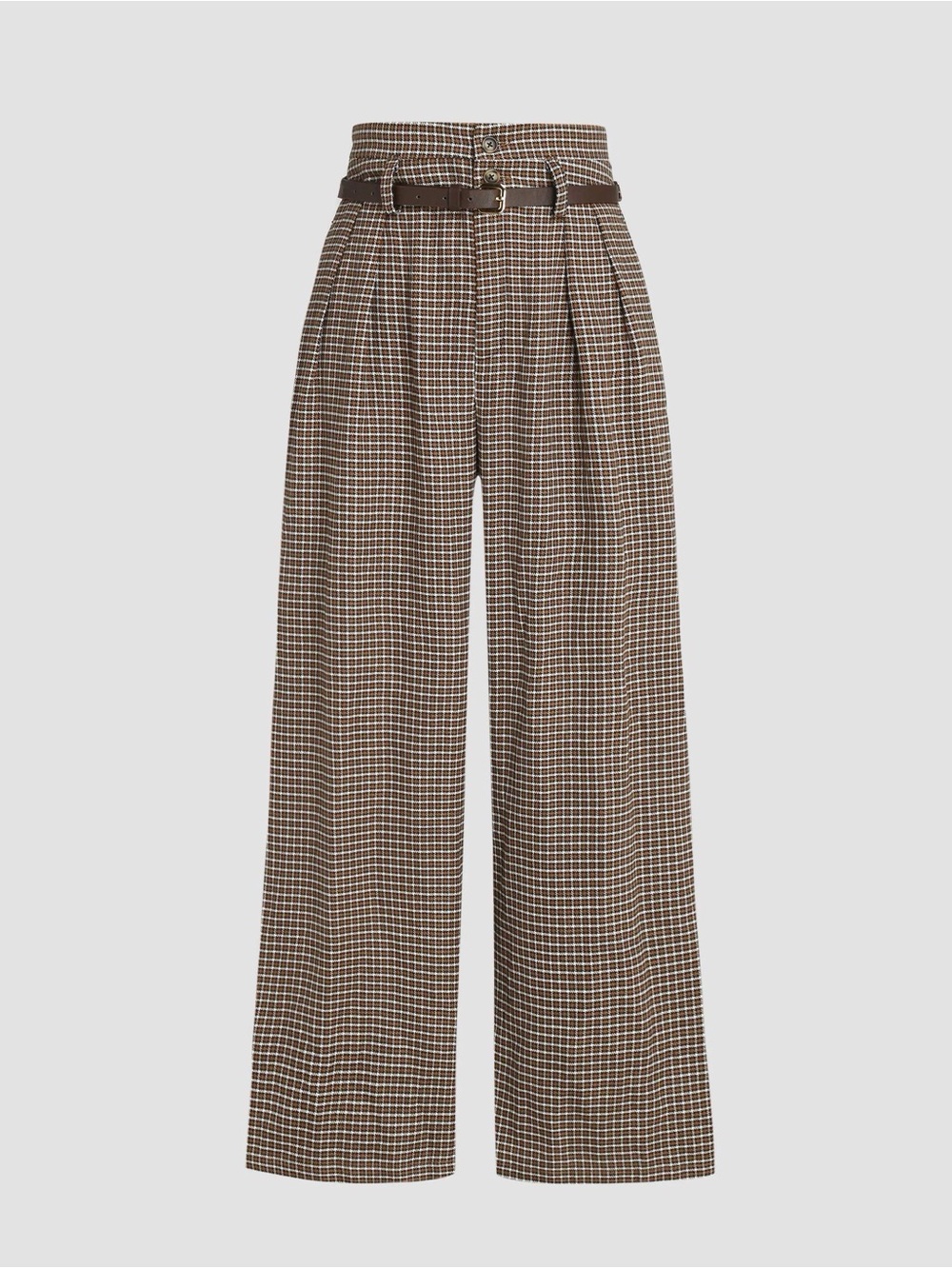 Cider Brown Plaid High-Waist Wide-Leg Pants with Belt
